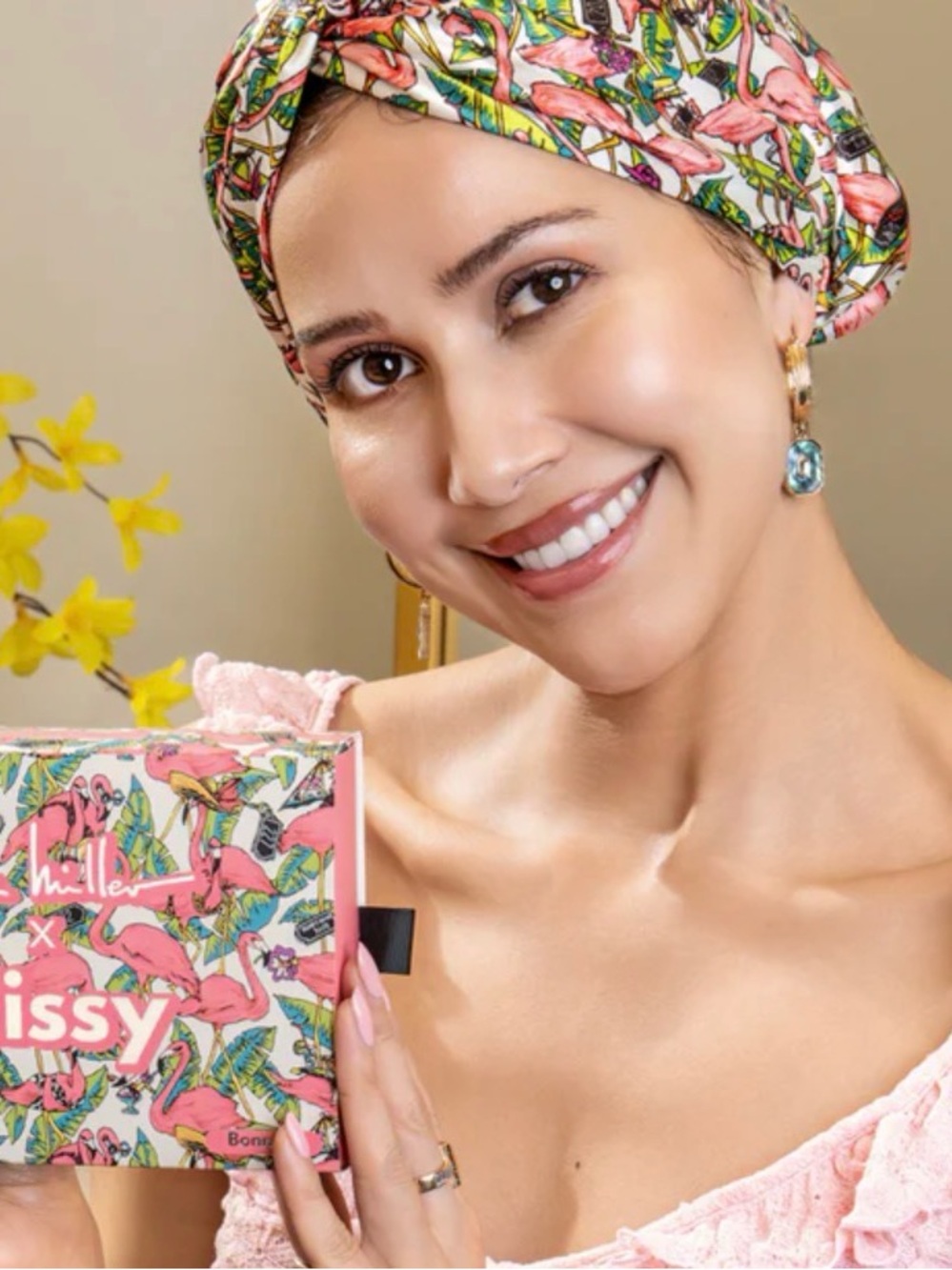 Blissy Nicole Miller Mulberry Silk Flamingo Bonnet NIB - Picture 2 of 5